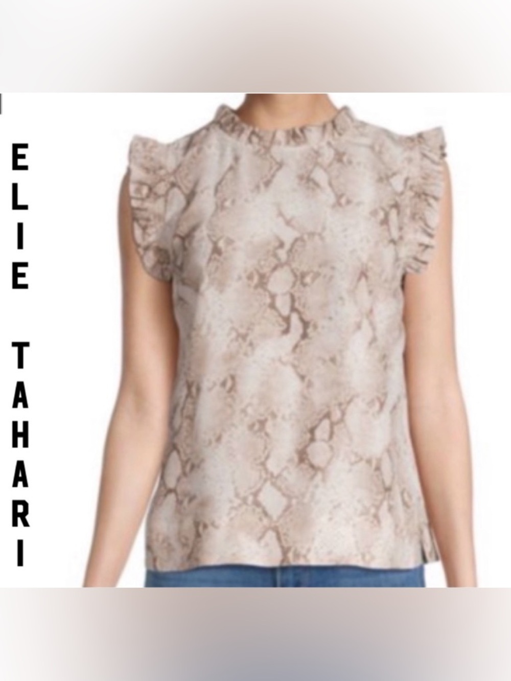 NWT Elie Tahari Brown And Tan Snakeskin Print Flutter Sleeve Silk Top - Picture 1 of 10